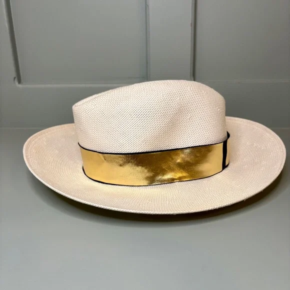 Tracy Watts Wide Brim Straw Sun Hat Sz M‎ Metallic Gold Western Brooklyn Cowgirl - Picture 2 of 5